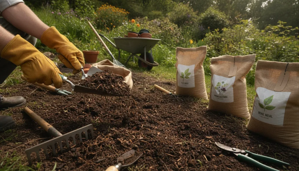 A gardener preparing soil on a gentle slope adding compost and amendments before planting showing tools and bags of soil