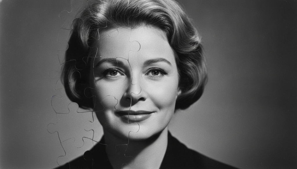 A visual puzzle featuring a partially obscured image of classic Hollywood actress Shirley MacLaine with puzzle pieces ar