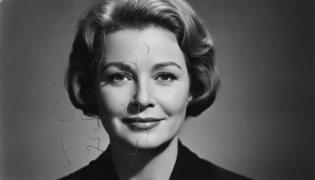 A visual puzzle featuring a partially obscured image of classic Hollywood actress Shirley MacLaine with puzzle pieces ar
