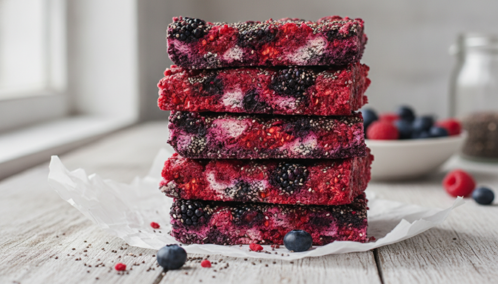 A stack of no-bake berry chia protein bars with visible berries and chia seeds on parchment paper