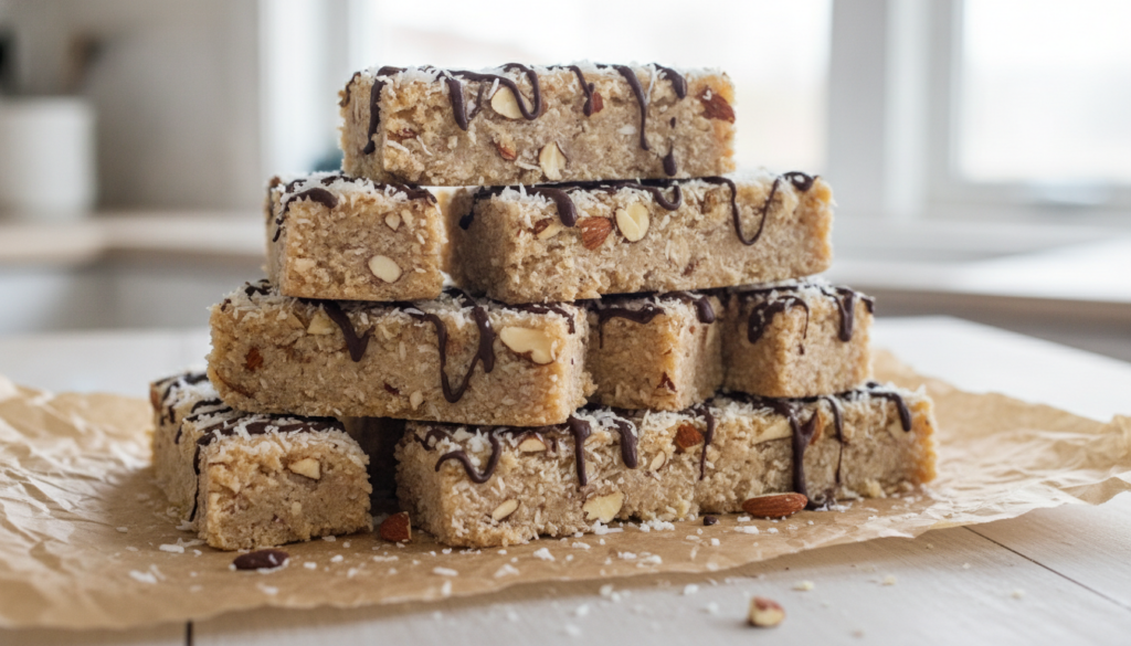 A stack of no-bake almond joy protein bars with visible shredded coconut chopped almonds and chocolate drizzle on parchm