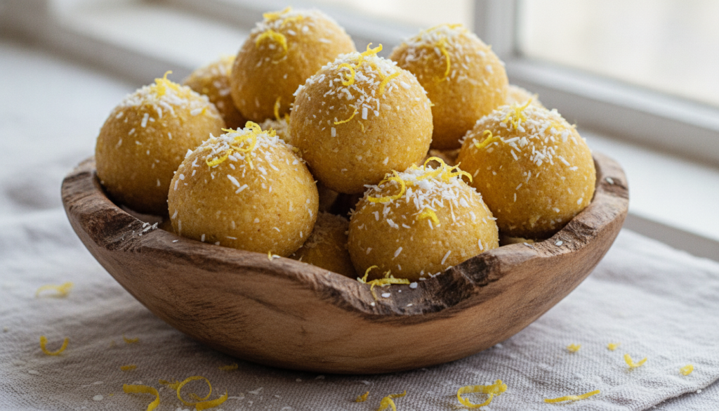 A bowl of round no-bake lemon coconut energy bites garnished with lemon zest and shredded coconut