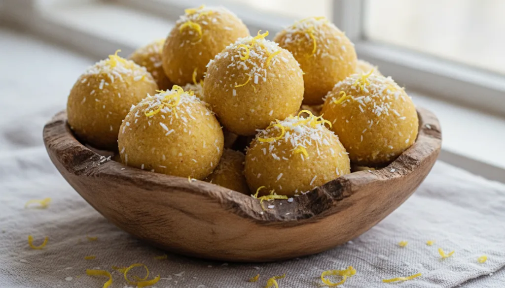 A bowl of round no-bake lemon coconut energy bites garnished with lemon zest and shredded coconut