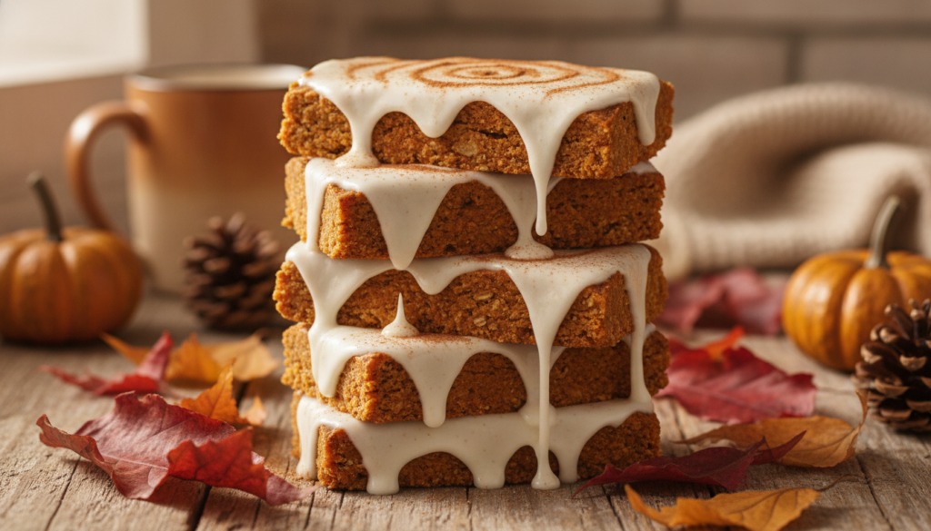 A stack of no-bake pumpkin spice latte protein bars topped with a light drizzle and a sprinkle of cinnamon on a autumn-t