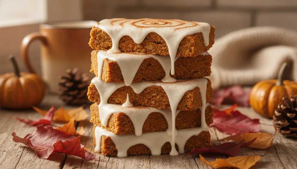 A stack of no-bake pumpkin spice latte protein bars topped with a light drizzle and a sprinkle of cinnamon on a autumn-t
