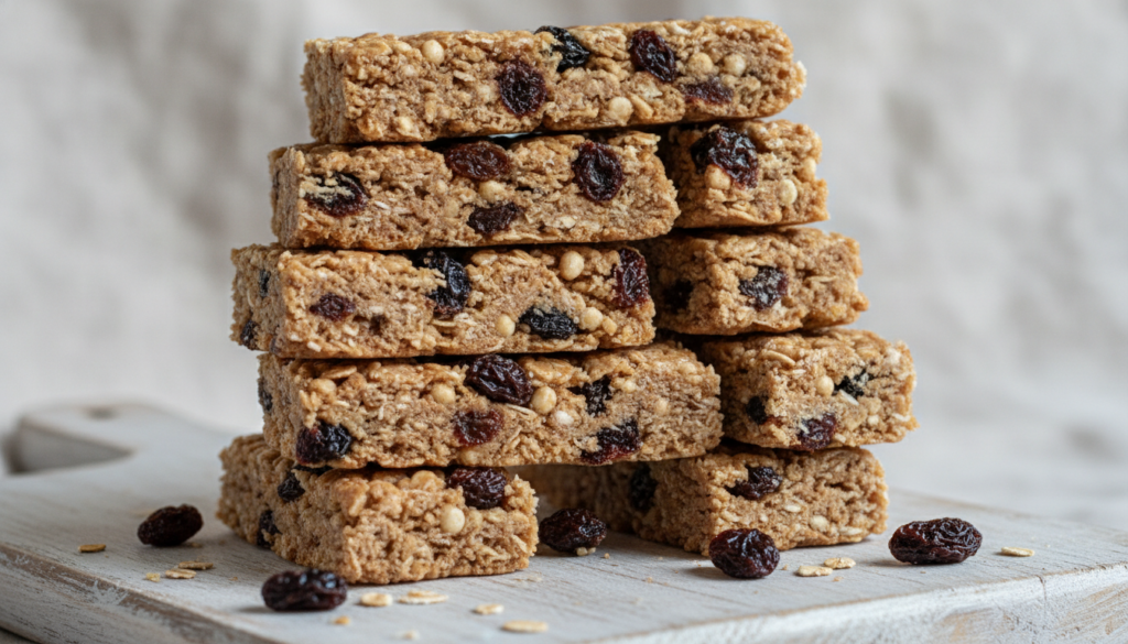 A stack of no-bake oatmeal raisin protein bars with visible oats and plump raisins on a neutral background