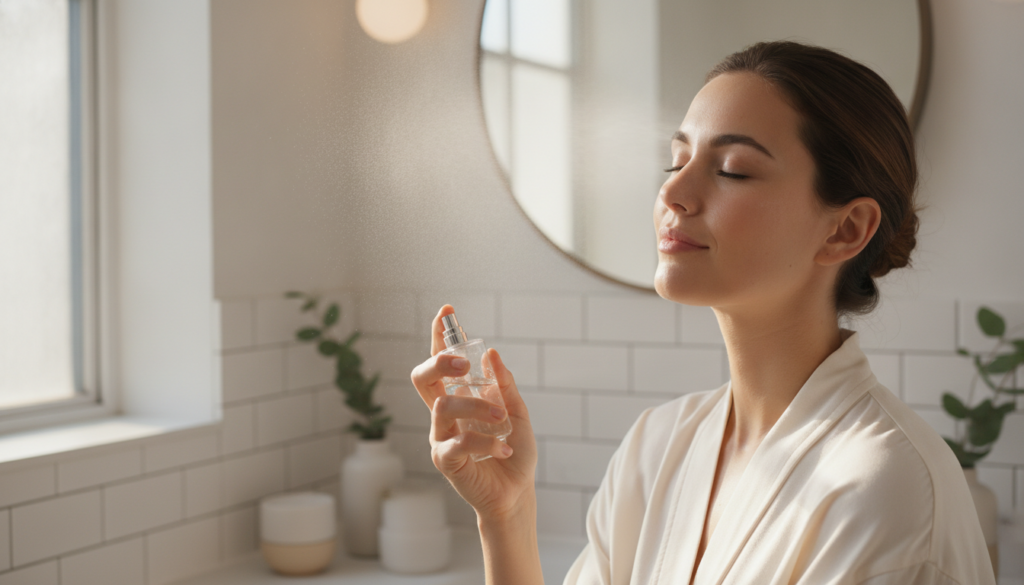 A woman gently spritzing parsley water from a small spray bottle onto her face eyes closed in a moment of refreshing sel