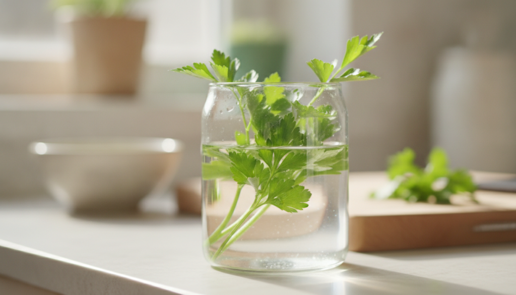 A close-up of fresh green parsley sprigs in a clear glass bottle or jar filled with water suggesting a natural skincare