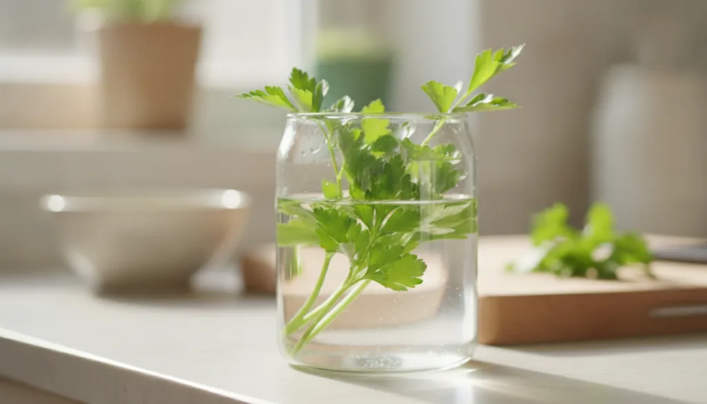 A close-up of fresh green parsley sprigs in a clear glass bottle or jar filled with water suggesting a natural skincare 