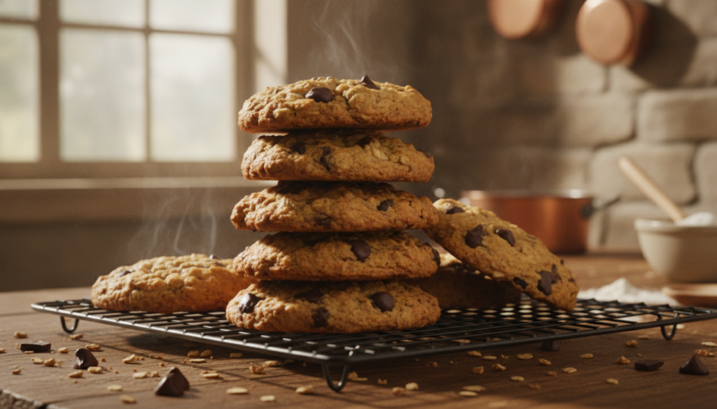 A stack of chewy oatmeal chocolate chip cookies on a wire rack showing oats and melted chocolate chips A rustic backgrou