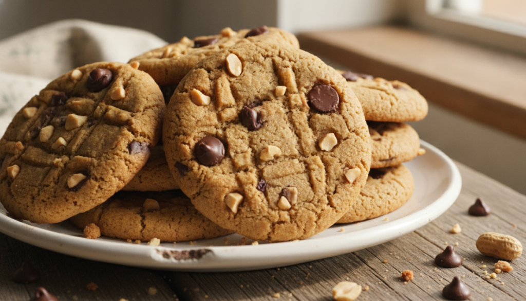 Classic peanut butter cookies with criss-cross fork marks and chocolate chips on a white plate with a warm background
