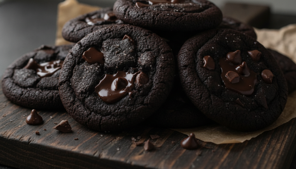 Rich dark double chocolate chip cookies slightly cracked on top with pools of melted chocolate on a baking sheet