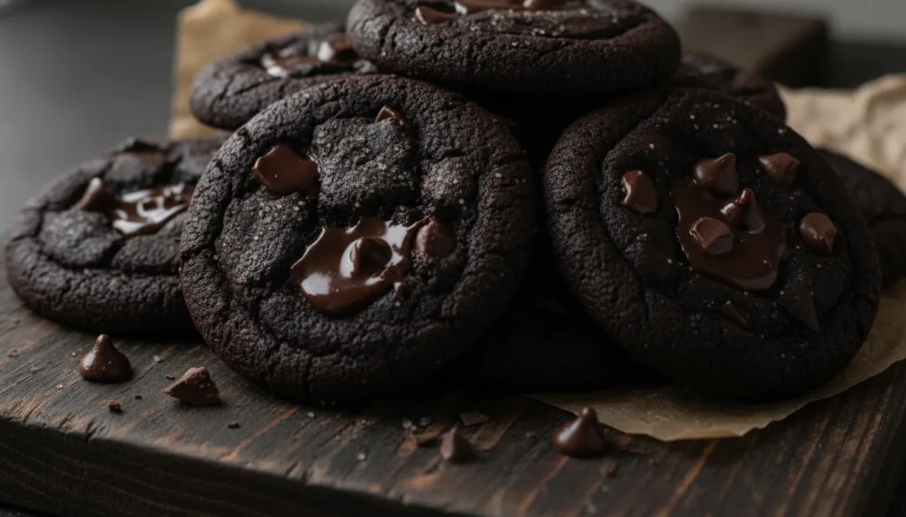 Rich dark double chocolate chip cookies slightly cracked on top with pools of melted chocolate on a baking sheet