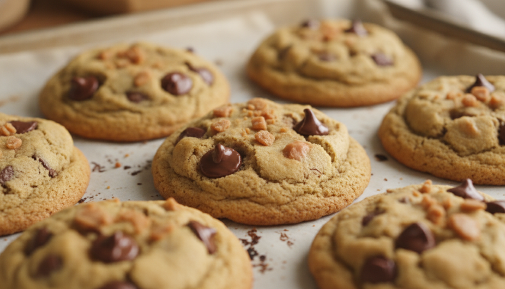 Warm chocolate chip cookies enhanced with toffee bits showing melted chocolate and golden edges on a baking tray