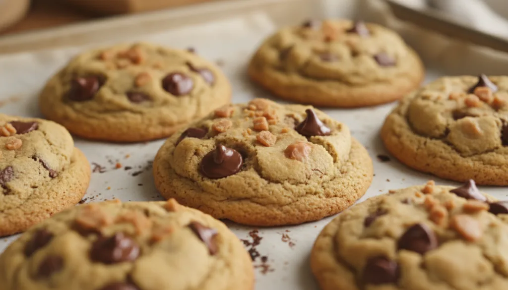 Warm chocolate chip cookies enhanced with toffee bits showing melted chocolate and golden edges on a baking tray
