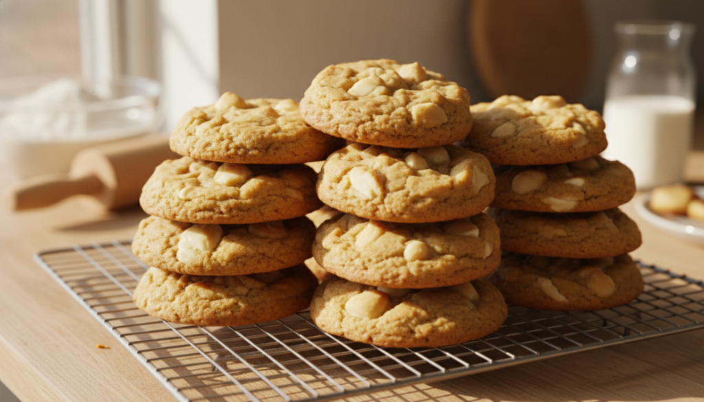 Golden brown white chocolate macadamia nut cookies with visible chunks of white chocolate and macadamia nuts stacked on 