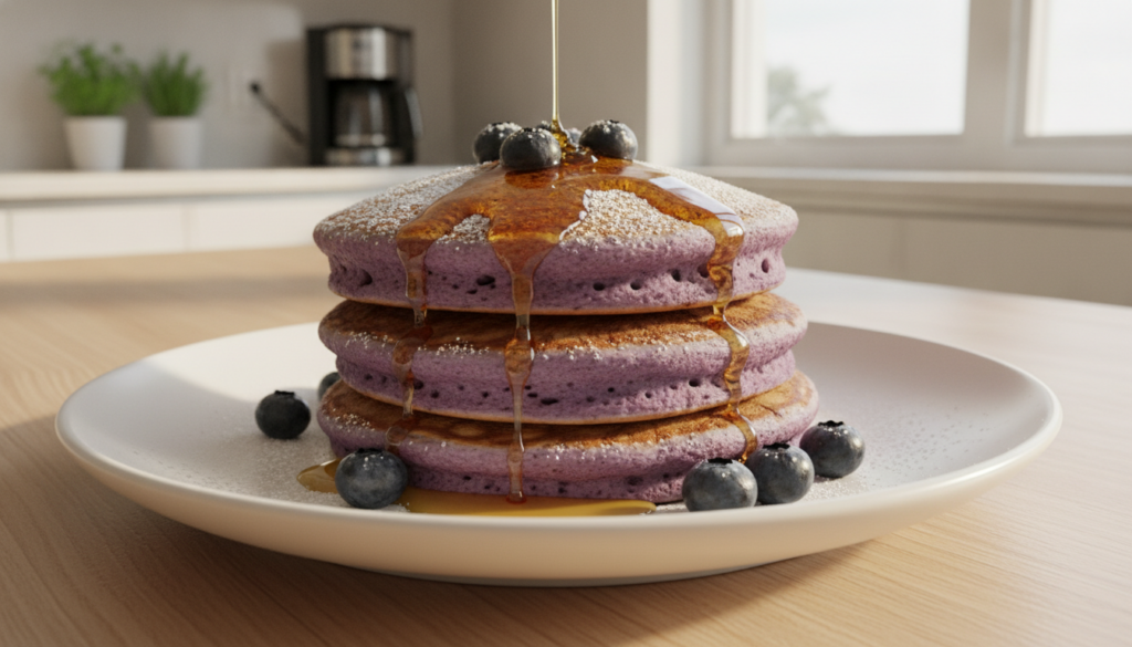 A stack of fluffy purple Ube Pancakes drizzled with syrup and topped with fresh berries or coconut flakes on a breakfast