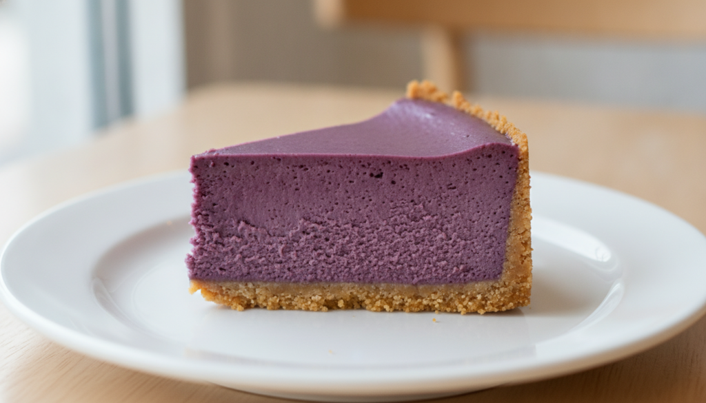 A slice of rich purple Ube Cheesecake with a graham cracker crust showing its creamy texture on a dessert plate