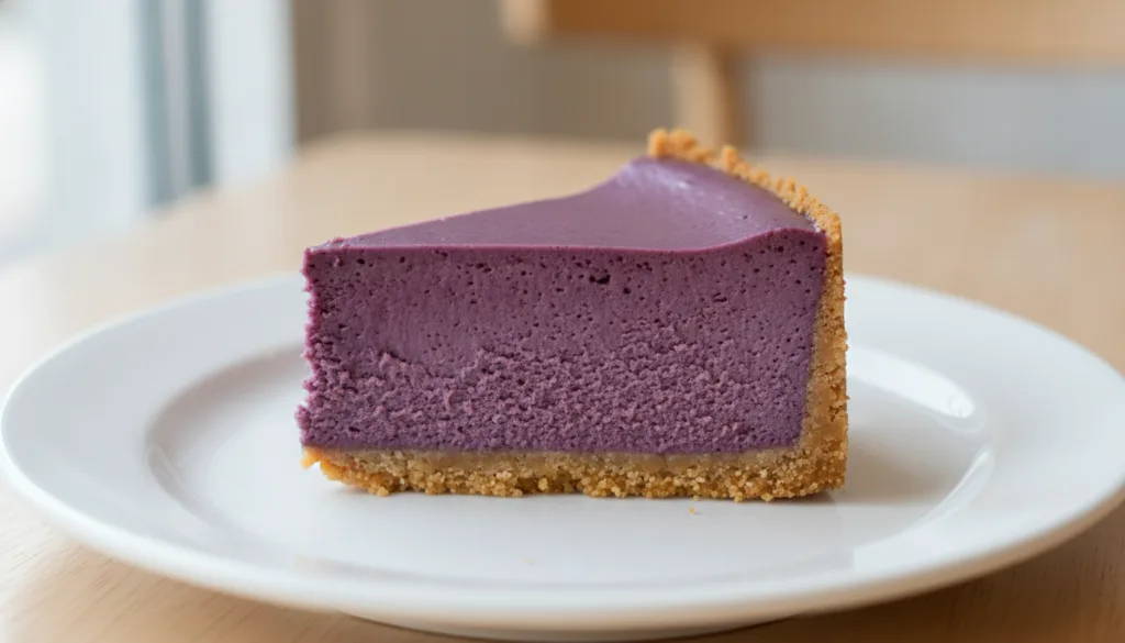 A slice of rich purple Ube Cheesecake with a graham cracker crust showing its creamy texture on a dessert plate