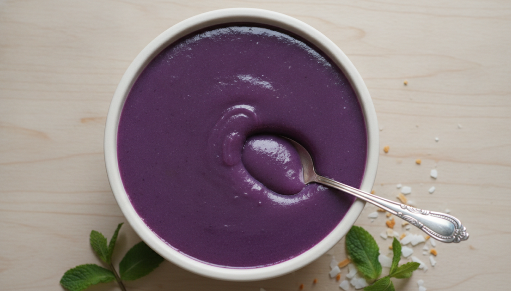 A bowl of smooth glossy purple Ube Halaya with a spoon resting in it The texture appears thick and rich with natural lig
