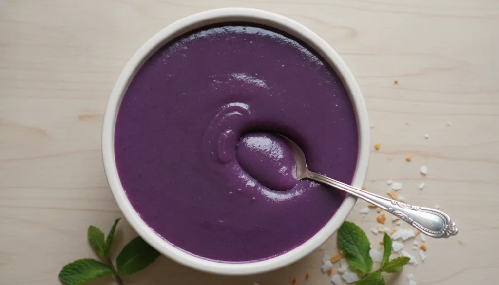A bowl of smooth glossy purple Ube Halaya with a spoon resting in it The texture appears thick and rich with natural lig