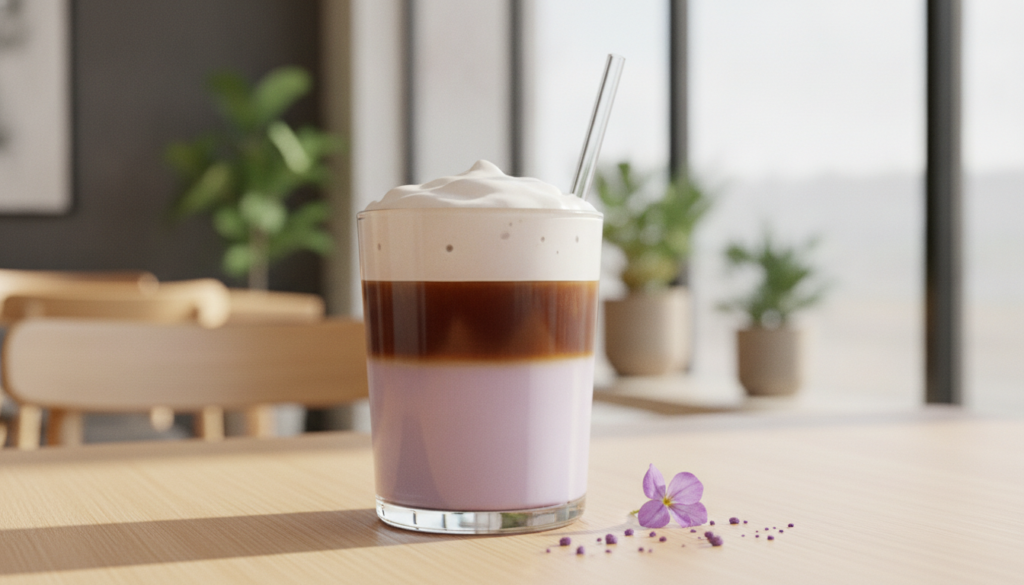 A tall glass of purple Ube Latte with a layer of espresso and frothy milk showing a beautiful gradient of colors perhaps
