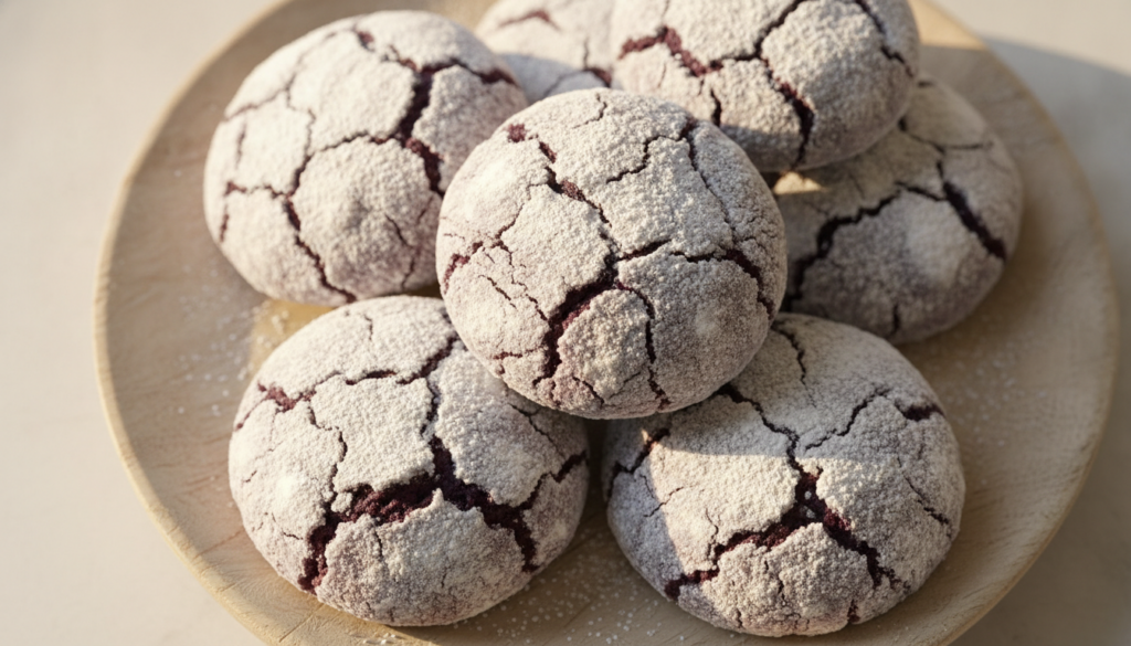 Several chewy purple Ube Crinkle Cookies coated in powdered sugar arranged artfully on a cooling rack or plate