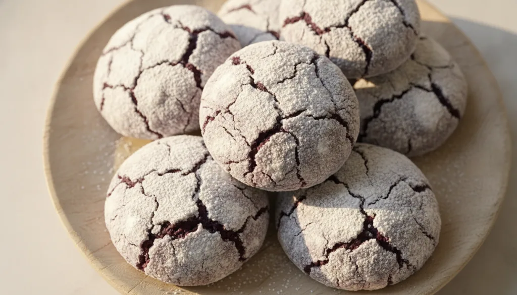 Several chewy purple Ube Crinkle Cookies coated in powdered sugar arranged artfully on a cooling rack or plate