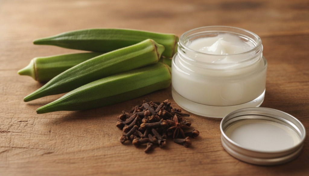 A close-up shot of the ingredients for the DIY skin balm fresh okra pods whole cloves and a jar of Vaseline The ingredie