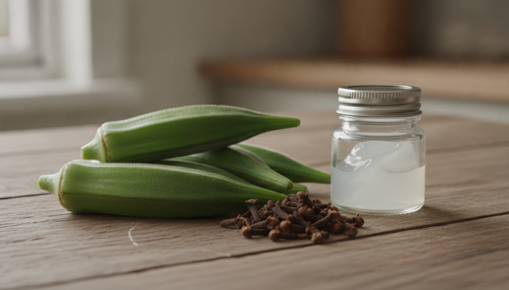 A close-up shot of fresh okra pods dried cloves and a jar of petroleum jelly Vaseline arranged beautifully on a rustic w