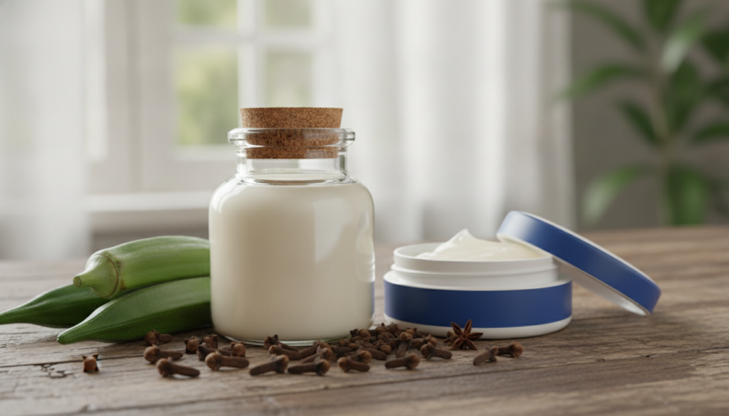 A small elegant jar of homemade cream with fresh okra pods dried cloves and a classic Vaseline tub artfully arranged aro