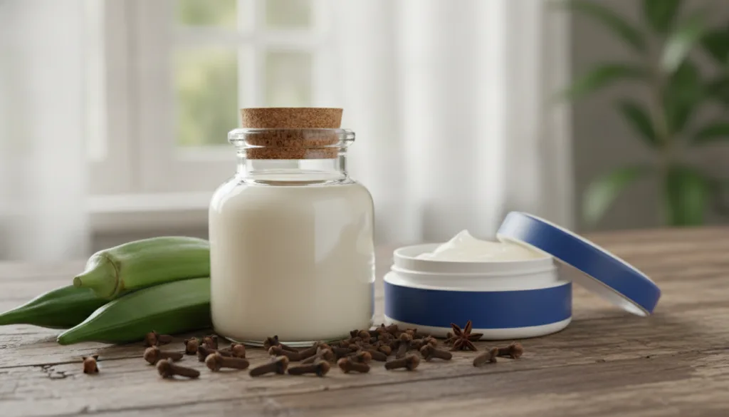 A small elegant jar of homemade cream with fresh okra pods dried cloves and a classic Vaseline tub artfully arranged aro