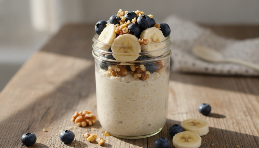 A jar of overnight oats topped with fresh blueberries sliced bananas and a sprinkle of walnuts ready for consumption The