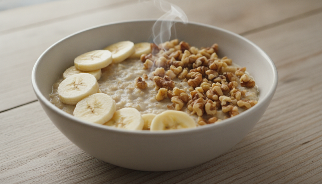 Sliced bananas and chopped walnuts arranged neatly on top of a bowl of warm oatmeal The oatmeal is creamy and inviting