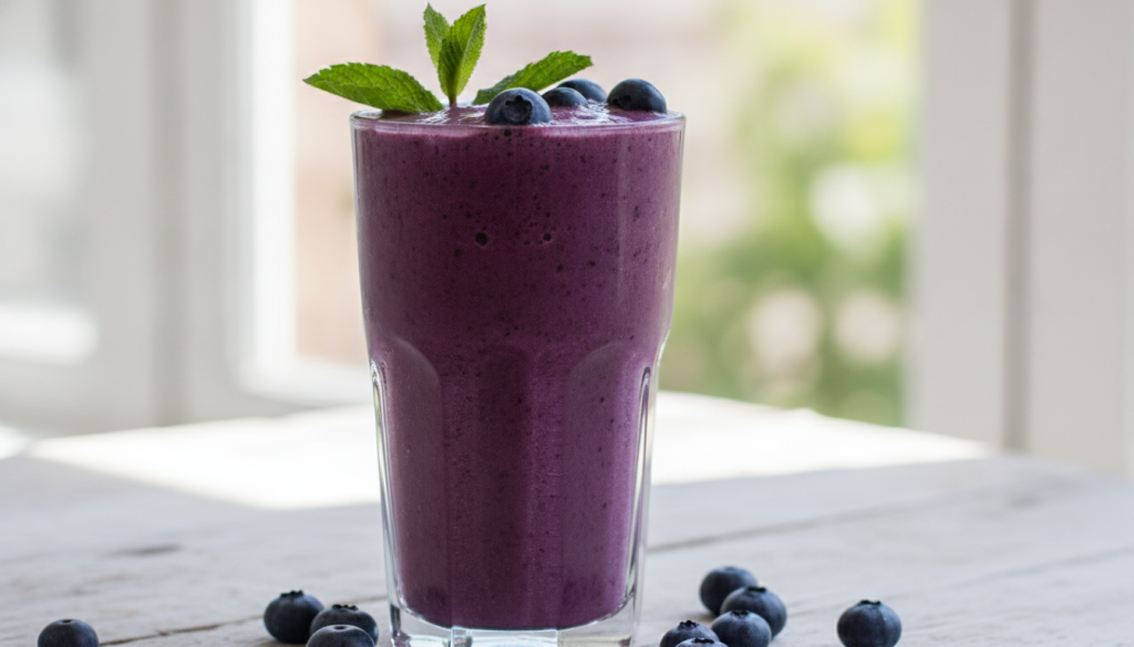 A vibrant purple smoothie in a tall glass garnished with a few fresh blueberries and a mint leaf The smoothie has a smoo