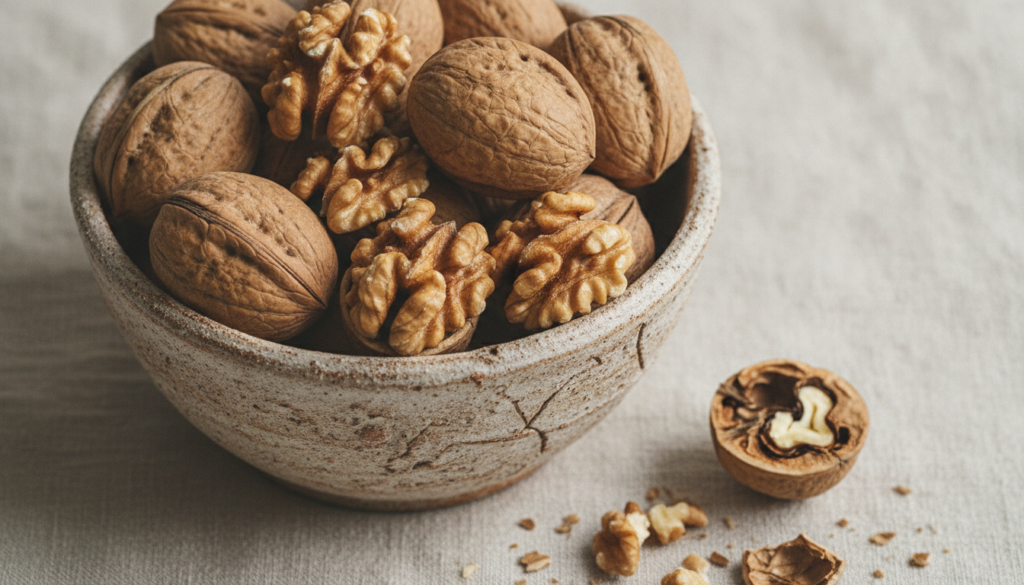 A small bowl filled with perfectly roasted or lightly toasted walnuts some whole and some chopped with a healthy sheen
