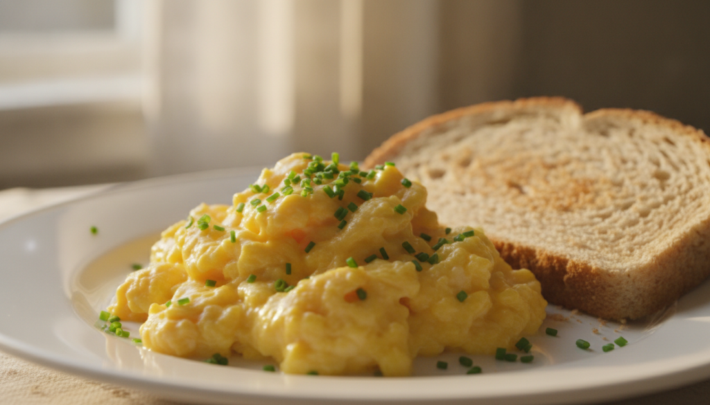 A fluffy and well-cooked scrambled egg dish perhaps with a sprinkle of chives served on a white plate with a side of who