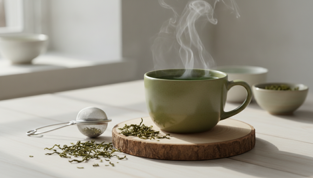 A steaming mug of green tea on a wooden coaster with a small bowl of green tea leaves and a tea infuser nearby creating 