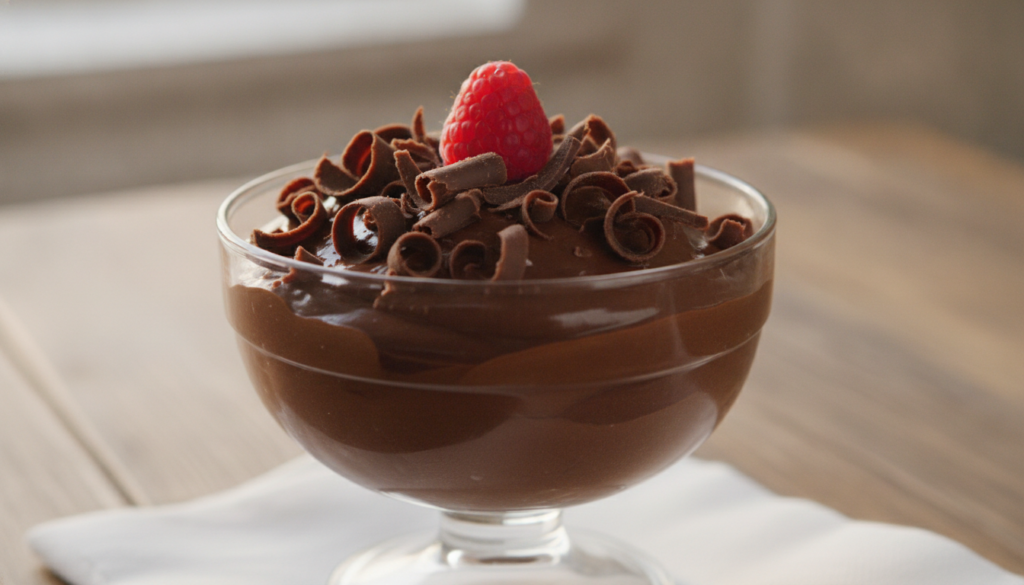 Rich chocolate cream delight served in a glass bowl garnished with chocolate shavings and a single raspberry