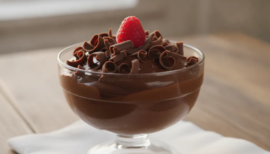 Rich chocolate cream delight served in a glass bowl garnished with chocolate shavings and a single raspberry