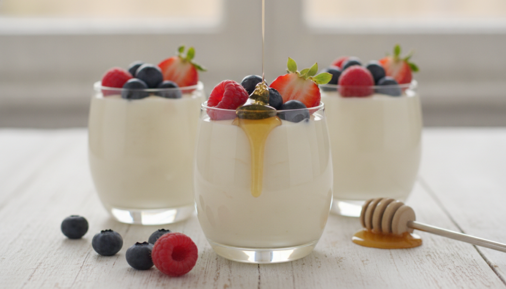 Small glasses filled with a layered yogurt cheesecake topped with fresh berries and a drizzle of honey