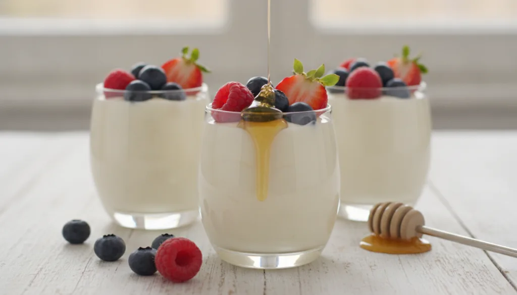 Small glasses filled with a layered yogurt cheesecake topped with fresh berries and a drizzle of honey