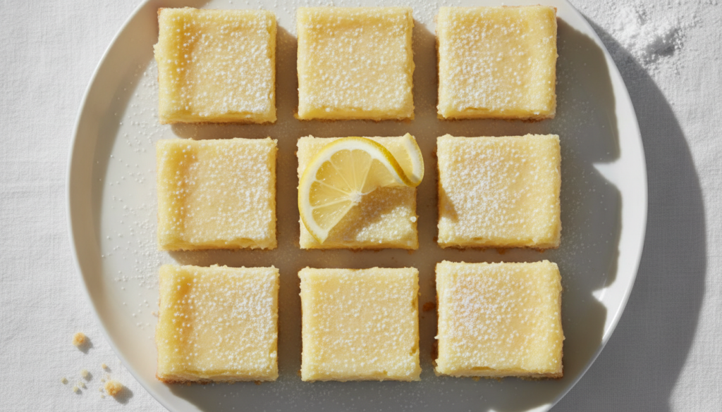 Lemon and cream squares on a white plate dusted with powdered sugar and garnished with a thin lemon slice