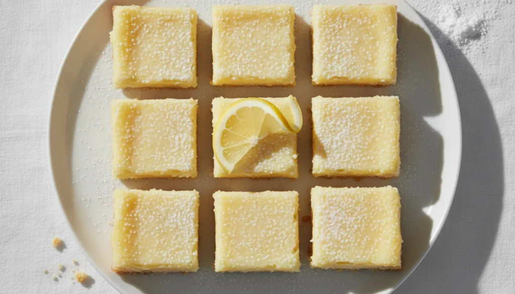 Lemon and cream squares on a white plate dusted with powdered sugar and garnished with a thin lemon slice