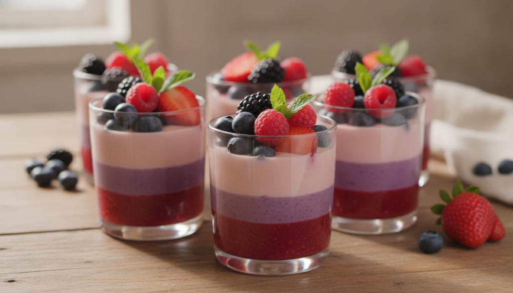 Layers of berry cream pudding in clear glasses topped with fresh berries and a mint leaf
