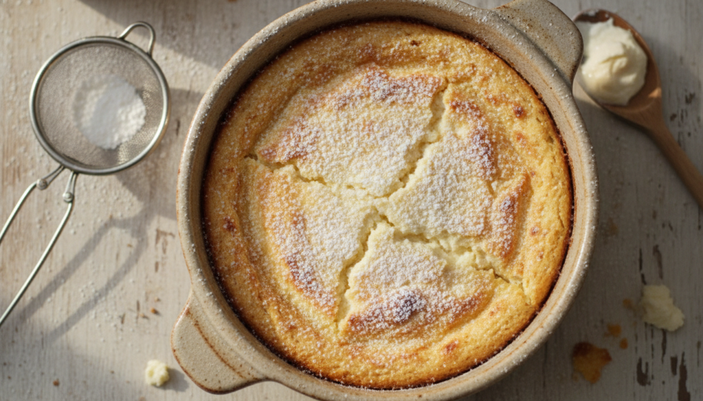 A rustic baked ricotta dessert lightly golden served in a small ceramic dish with a dusting of powdered sugar