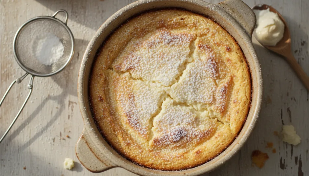 A rustic baked ricotta dessert lightly golden served in a small ceramic dish with a dusting of powdered sugar