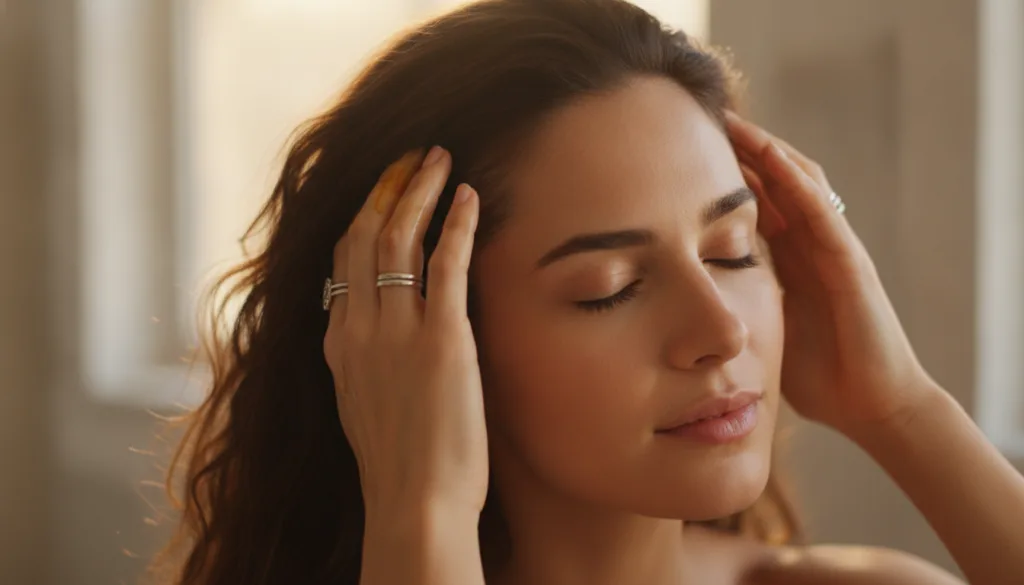 A woman gently massaging the Black Oil into her scalp with her fingertips showing the application process