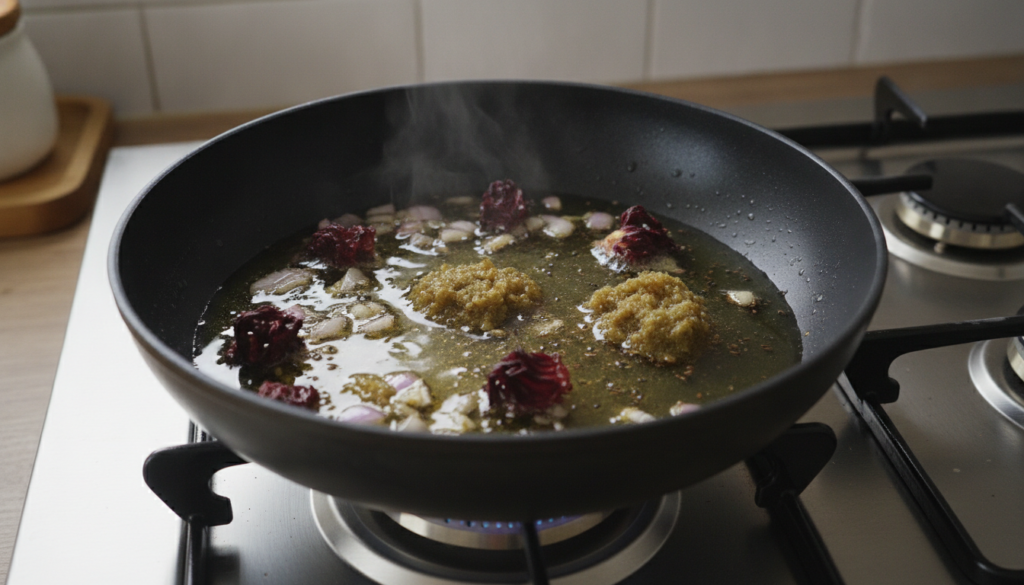 Close-up of a pan on a stove with coconut oil gently simmering with red onions hibiscus black cumin seeds and amla infus