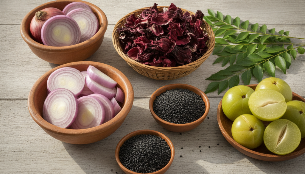 A close-up shot of various natural ingredients like red onions hibiscus petals curry leaves nigella seeds and amla fruit